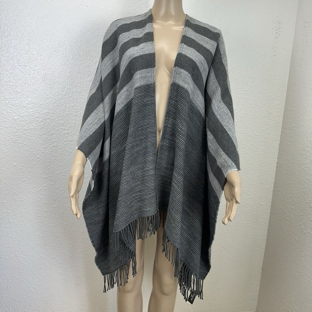 Echo Women's Fringe Border And Dark Gray Asymmetry Blanket Wrap Poncho ONE SIZE